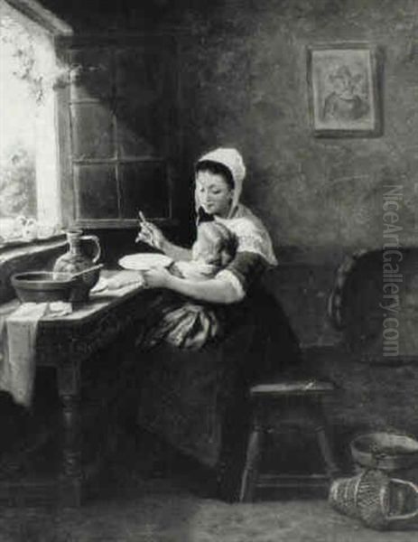 An Interior With A Mother Feeding Her Child - view 1