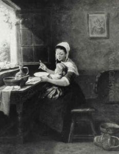 An Interior With A Mother Feeding Her Child by Frans De Beul