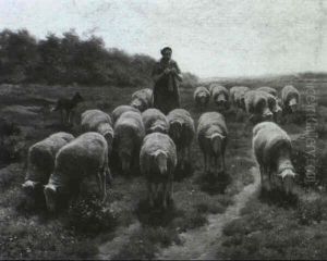 H_temadchen Und Schafherde In Weiter Heidelandschaft by Frans De Beul