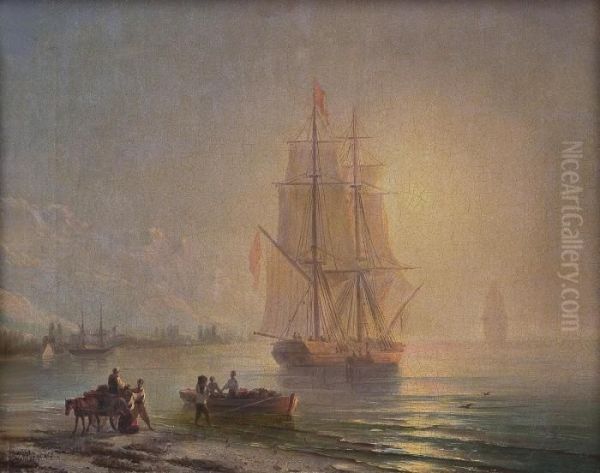 Beladung Eines Segelschiffes In Der Stimmungsvollen Abenddammerung - view 1