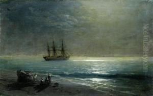 Sailing Ships At The Coast In The Moonlight