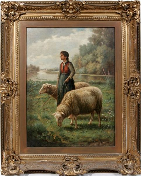 Shepherdess With 2 Sheep - view 1