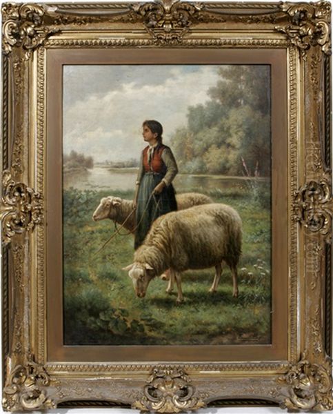 Shepherdess With Two Sheep - view 1