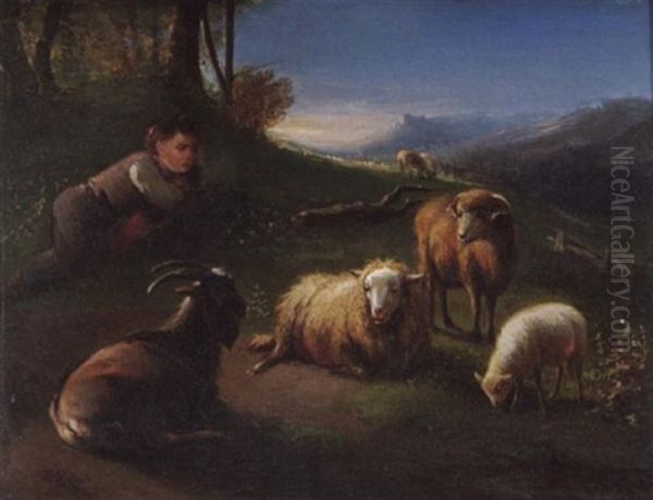 Hirtenjunge Mit Schafen Und Ziege Bei Der Abendrast - view 1