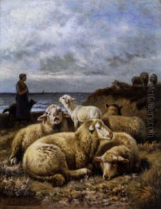 Schapenhoedster Met Kudde Langs De Zee by Henri De Beul