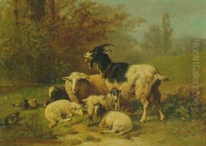 Sheeps And Goats Resting On A Riverbank by Henri De Beul