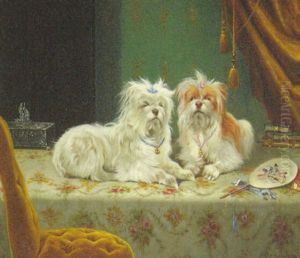 Two Maltese Terriers On A Draped Table In A Drawing Room Interior by Henri De Beul