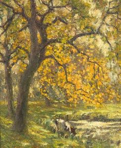 Herbstliche Landschaft Mit Kuh Am Kanalufer by Alphonse van Beurden Sr.