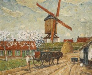 Paysage Anime D'un Paysan Et Char Pres D'un Moulin A Vent by Alphonse van Beurden Sr.