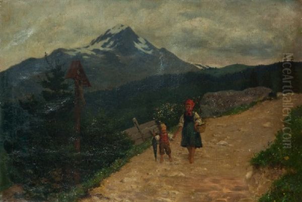 Enfants Se Promenant Dans Un Paysage Alpin - view 1