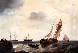 Vissersboten En Stoomschip Voor Een Havenhoofd by Johannes Coenraad Beyer
