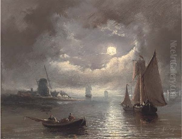 Barges On The Estuary, By Moonlight - view 1