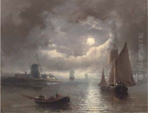 Barges On The Estuary, By Moonlight by Johannes Coenraad Beyer