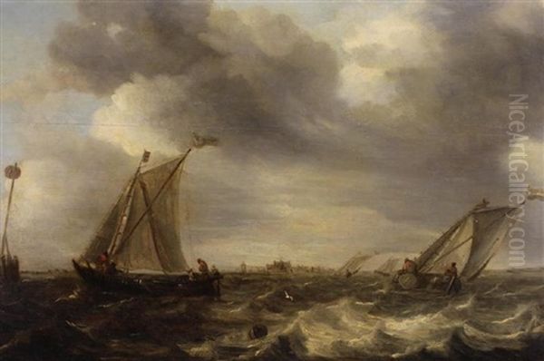 Painting Of Ships In Rough Seas Near The Coast - view 1