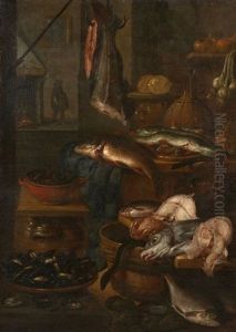 Poissons Et Coquillages Dans Un Interieur De Cuisine by Abraham van Beyeren