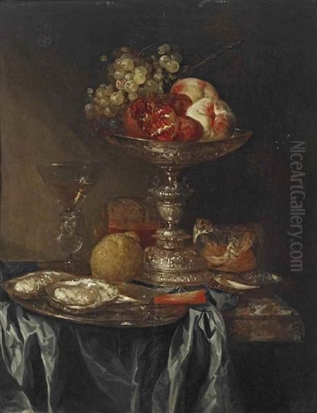 Grapes, Pomegranates And Peaches In A Silver Tazza, Oysters On A Pewter Plate, A Facon-de-venice Glass With White Wine, A Glass Of Beer, A Lemon And A Bread Roll, On A Partially Draped Marble Table - view 1