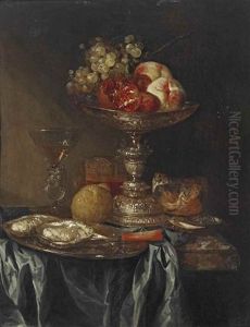Grapes, Pomegranates And Peaches In A Silver Tazza, Oysters On A Pewter Plate, A Facon-de-venice Glass With White Wine, A Glass Of Beer, A Lemon And A Bread Roll, On A Partially Draped Marble Table by Abraham van Beyeren