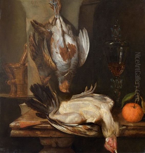 Stillleben Auf Einem Marmortisch Mit Vogelvieh, Einer Orange, Einem Glaspokal, Einem Messer Und Einem Messingmorser In Einer Nische - view 1