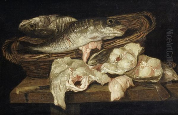 A Still Life Of Fish In A Wicker Basket - view 1