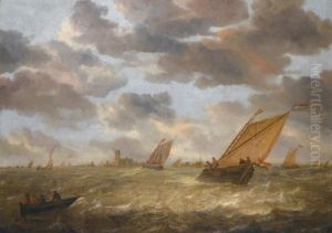 Dutch Shipping In A Stiff Breeze With A View Of Dordrecht Beyond by Abraham van Beyeren