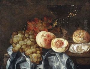 Peaches, Grapes, A Wineglass, An Oyster And A Piece Of Bread, All On A Partially Draped Marble Ledge by Abraham van Beyeren
