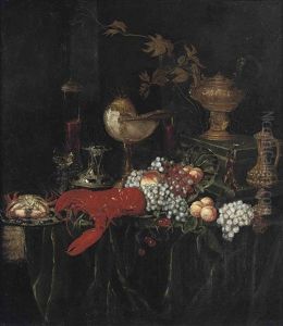 A Lobster, A Crab On An Enamelled Plate, Peaches, Grapes, Glasses Of Wine And Guilded Vessels On A Draped Table