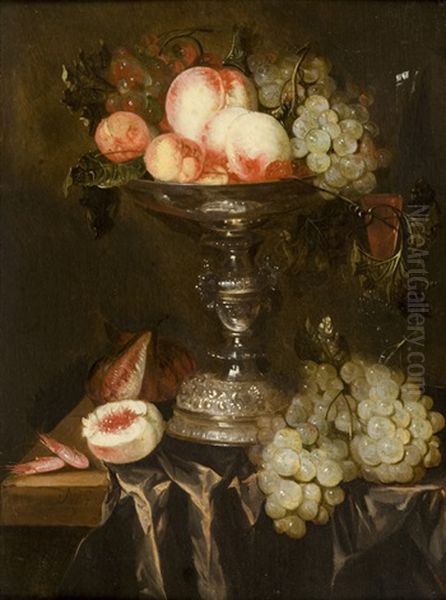 Still Life With Peaches And Grapes In A Silver Taza On A Draped Table - view 1