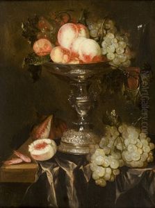 Still Life With Peaches And Grapes In A Silver Taza On A Draped Table by Abraham van Beyeren