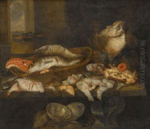 A Still Life With Salmon, Plaice, A Crab And Other Fish Arranged On A Table, A View Of The Sea Beyond by Abraham van Beyeren