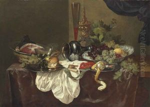 A Roemer, A Langoustine And A Ham On Pewter Plates, With An Upturned Pewter Jug, On A Partially Draped Table
