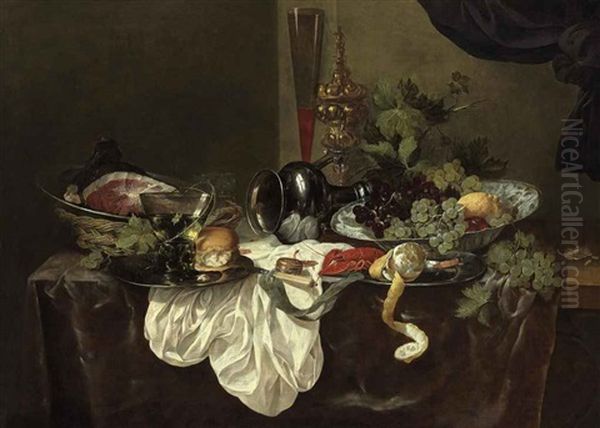 A Roemer, A Bread Roll, A Peeled Lemon, A Langoustine And A Ham On Pewter Plates, With An Upturned Pewter Jug, Grapes And A Lemon In A Wan-li Kraak Porcelain Bowl, A Tall Wine Glass And A Cup And Cover On A Partially Draped Table - view 1