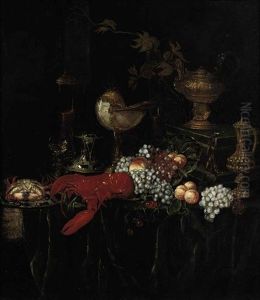 A Lobster, A Crab On An Enameled Plate, Peaches, Grapes, Glasses Of Wine And Gilded Vessels On A Draped Table by Abraham van Beyeren