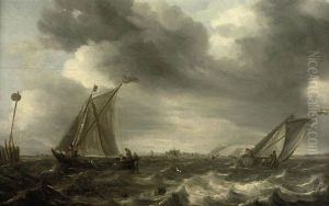 Shipping In Choppy Waters, A Town In The Distance by Abraham van Beyeren