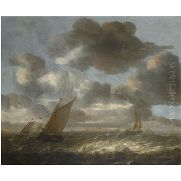 Small Sailing Vessels In A Short Chop, A View Of A Town Beyond - view 1
