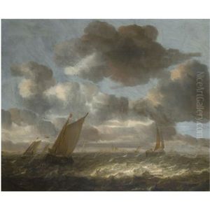 Small Sailing Vessels In A Short Chop, A View Of A Town Beyond by Abraham van Beyeren