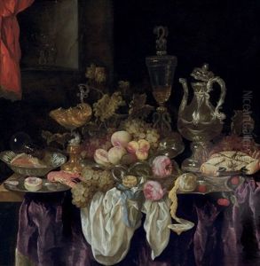 Pronk Still Life Of Bowls Of Fruit And Other Objects On A Table Draped In Purple And White Cloths In An Interior With A Niche Behind