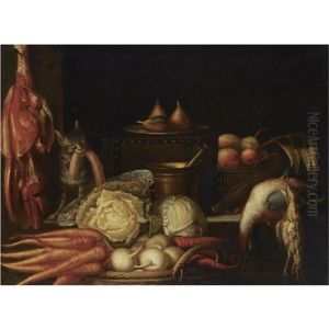A Kitchen Still Life With Carrots, A Cabbage And Turnip Radishes, With A Copper Pot, Dead Poultry And A Leg Of Ham Suspended From A Hook by Abraham van Beyeren