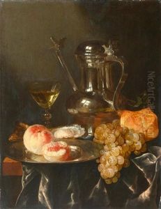 Stilleben Mit Einer Zinnkanne, Fruchten, Austern, Brot Und Wein Auf Einem Tisch