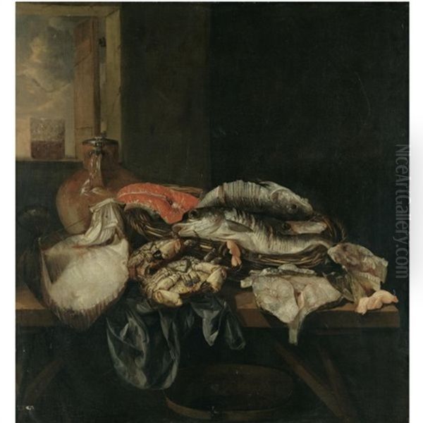 Still Life With Various Fish And Crustaceans On A Table Beneath An Open Window - view 1