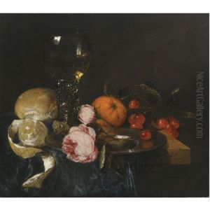 A Still Life With A Roemer, A Peeled Lemon, Bread, Roses On A Pewter Plate, An Orange And Cherries, All On A Draped Table by Abraham van Beyeren