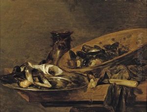 Mussels In Pewter And Earthenware Plates, On A Wooden Table