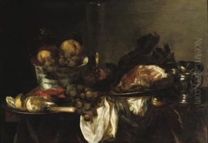 A Blue And White Porcelain Bowl With Fruit, White Wine, A Leg Of Ham On A Silver Platter With A Crab All On A Table by Abraham van Beyeren