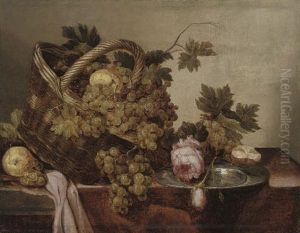 A Basket Of Grapes And Apples, With Roses And A Pewter Platter On A Table by Abraham van Beyeren