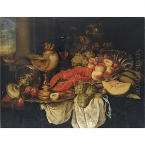 A Sumptuous Still Life With A Lobster, A Nautilus Cup, Grapes, A Tazza, Peaches And Other Fruit On A Draped Table by Abraham van Beyeren