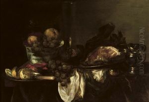 A Blue And White Porcelain Bowl With Fruit, A Facon De Venise Of White Wine, A Leg Of Ham On A Silver Platter, A Silver Jug, A Pocket Watch, A Silver Plate With A Peeled Lemon And A Crab by Abraham van Beyeren