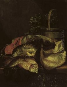 Various Fish Near A Wooden Basket With Artichokes, All On A Table