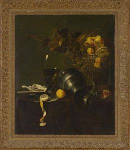 A Platter Of Fruit, Flowers And A Lobster On A Partially Draped Table (+ A Roemer, Silver Ewer And A Partly Peeled Lemon; Pair) by Abraham van Beyeren