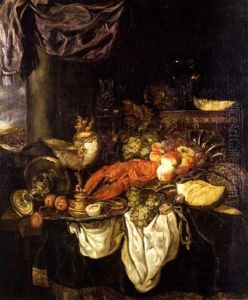 Nature Morte Au Homard, Aux Fruits Et Aux Raisins Avec Un Nautile, Une Coupe En Argent Et Des Verres by Abraham van Beyeren