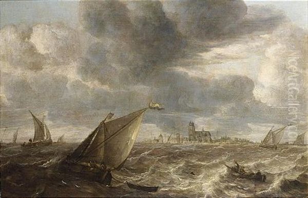 A River Landscape With Fishing Boats In A Strong Breeze Before A Town (dordrecht?) - view 1