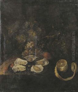 Oysters On A Platter With A Partly Peeled Lemon, Grapes, Cherries And An Orange On A Draped Table